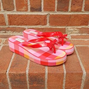 Kate Spade Rina  Pink/Red Plaid Bow Wedge Flip Flop Sandal Size 8 (1559)